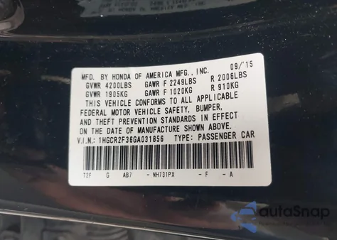 2016 Honda Accord Lx из США, поврежденный, VIN 1HGCR2F36GA031856